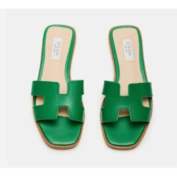 Steven New York Green Leather H Strap Slides Sandals Square Toe Women’s Size 8.5 - Picture 10 of 12